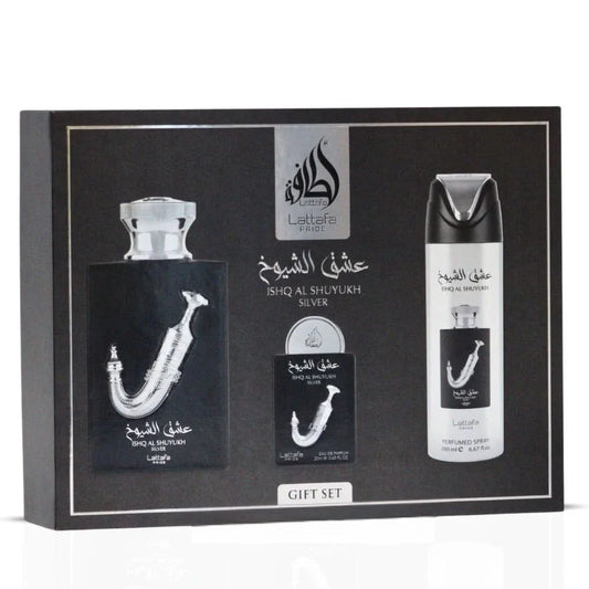 Ishq Al Shuyuki Silver 3pc Gift Set by Lattafa Pride
